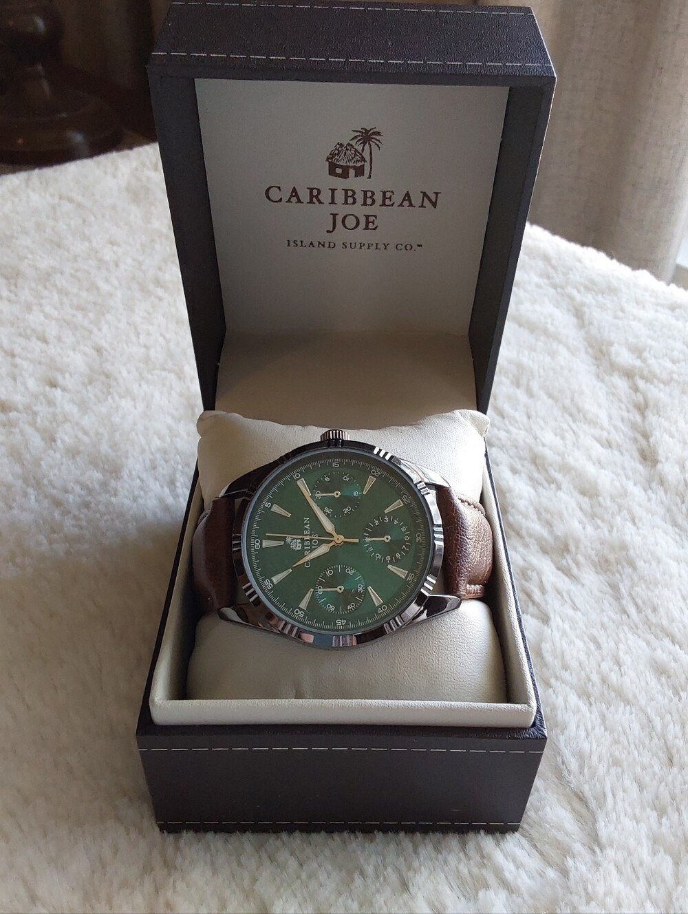 🌺 NIB Mens Caribbean Joe Teal Dial Brown Leather Strap Watch